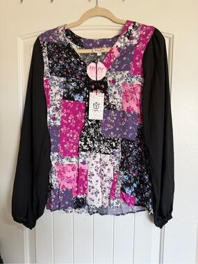 ANDREE BY UNIT Patchwork Floral Blouse - Black & Pink & Purple